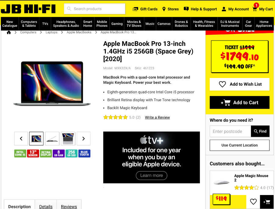 JB hifi website showing mouse product reccomendation