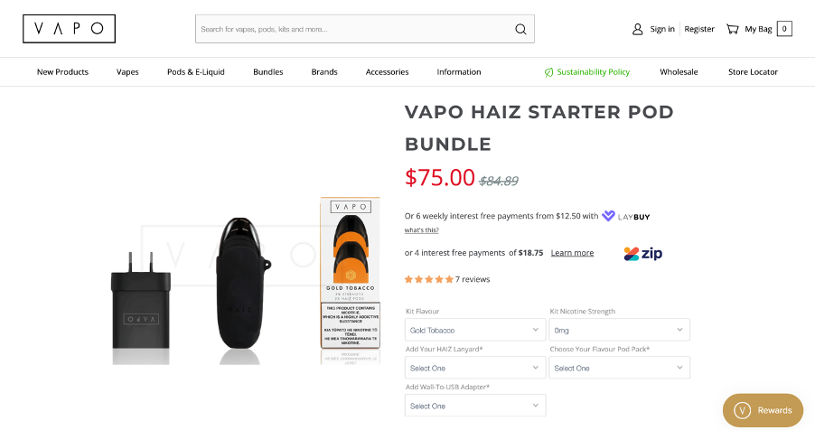 VAPO starter pack in the website