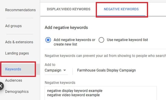 Negative keywords optimisation google ads