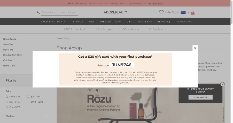 Adore beauty website showing coupon code